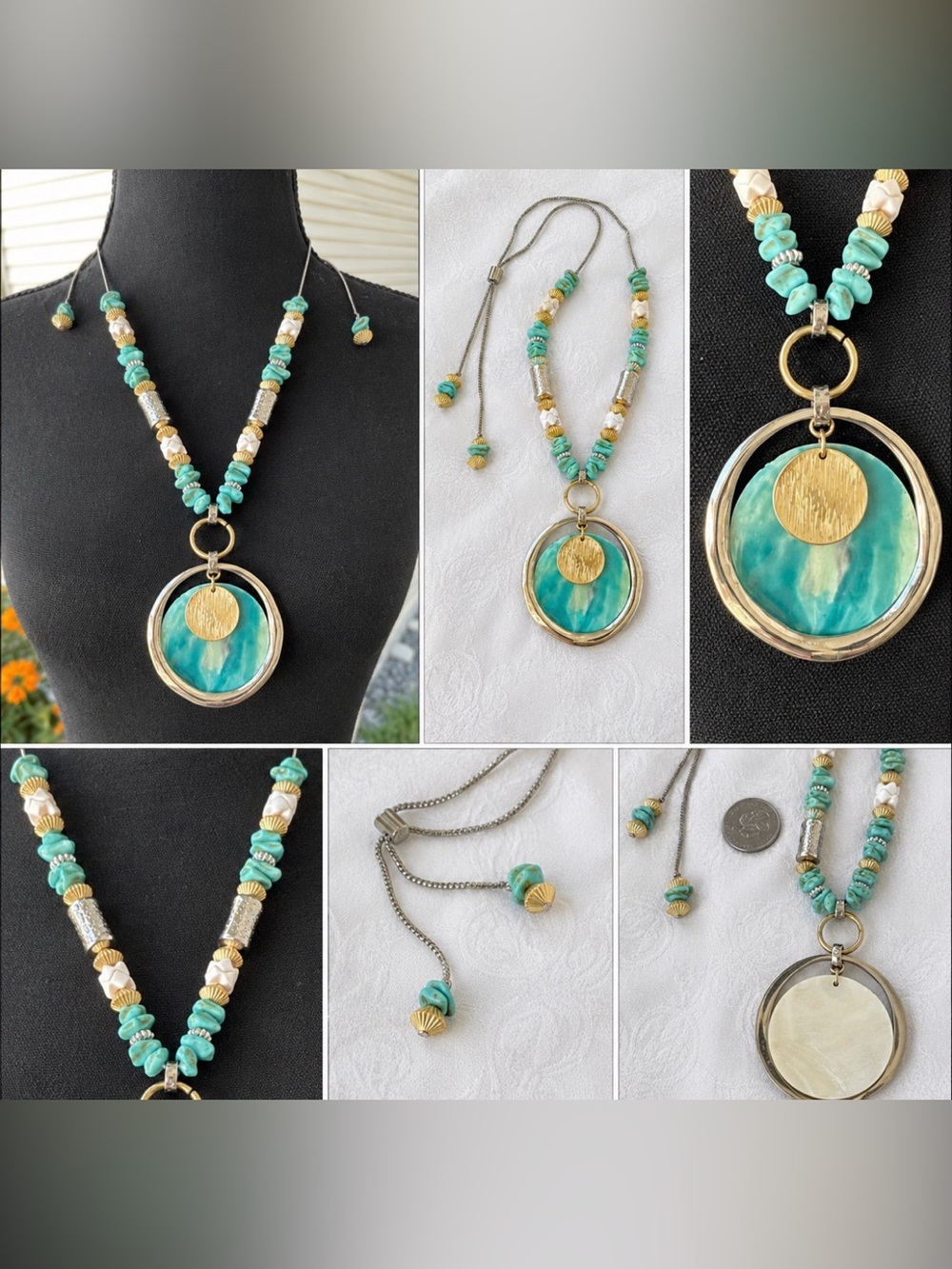 Chicos SIlver Gold Tone 14" Long Turquoise Reversible Statement Necklace NEW